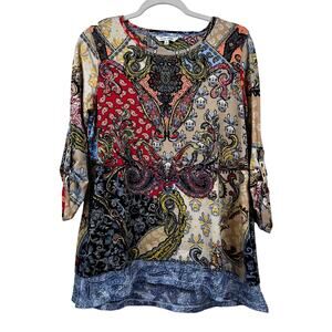 John Mark Blouse Top Paisley Mixed Media Knit Multi Color Small Artsy Boho